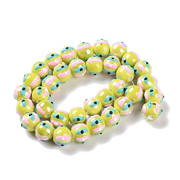 Handmade Porcelain Beads Strands, with Enamel, Round, Green Yellow, 10~11x9mm, Hole: 1.5mm, about 35pcs/strand, 12.80 inch(32.5cm)