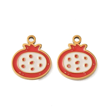 Fruit 304 Stainless Steel Enamel Pendants, Golden, Ion Plating(IP), Pomegranate Charms, 14x12x1.5mm, Hole: 1.5mm