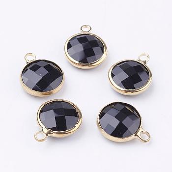 Golden Tone Brass Glass Flat Round Charms, Faceted, Black, 14x10.5x5mm, Hole: 1.5mm