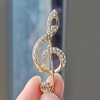 Alloy and Glass Rhinestone Musical Note Brooch, PeachPuff, 52x20mm..