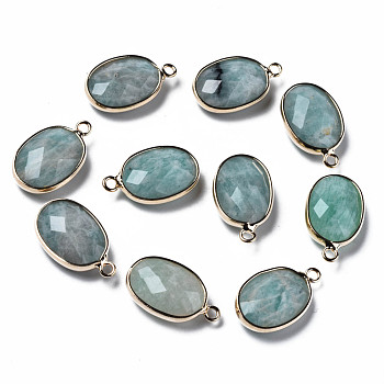 Natural Amazonite Pendants, with Golden Plated Brass Edge and Loop, Rack Plating, Faceted, Oval, 18.5x11x5.5mm, Hole: 1.6mm