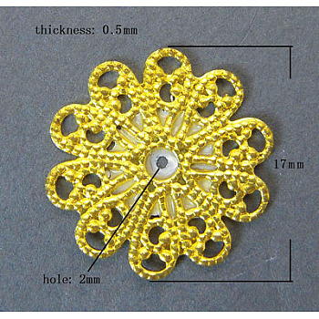 Brass Vintage Filigree Findings, Lead Free and Cadmium Free, Flower, Golden Color, Size: about 17mm in diameter, 0.5mm thick, hole: 2mm