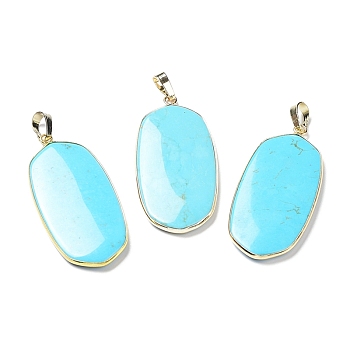 Synthetic Blue Turquoise Pendants, with Rack Plating Light Gold Tone Brass Findings, Cadmium Free & Lead Free, Oval Charms, 48x22x4.5mm, Hole: 8x5mm