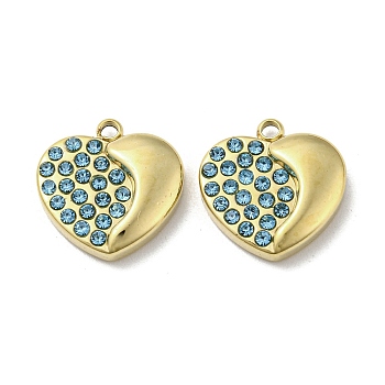 Real 14K Gold Plated 304 Stainless Steel Charms, with Rhinestone, Heart, Aquamarine, 13.5x13x3mm, Hole: 1.4mm