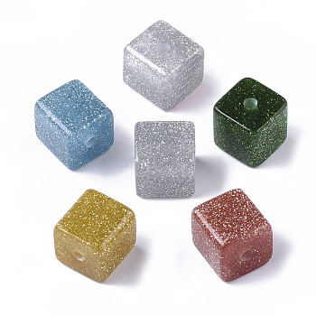 Resin Beads, with Silver Powder, Glitter Beads, Cube, Mixed Color, 16x16x16mm, Hole: 3.5mm