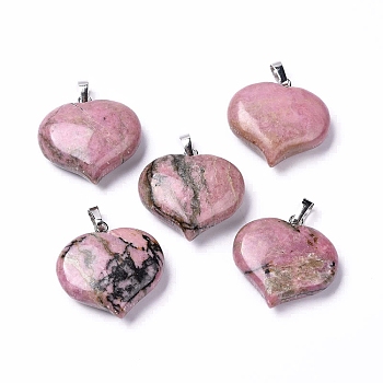 Natural Rhodonite Pendants, Love Heart Charms, with Platinum Tone Brass Snap on Bails, 24~25.5x25x9.5~10mm, Hole: 8x2.8mm