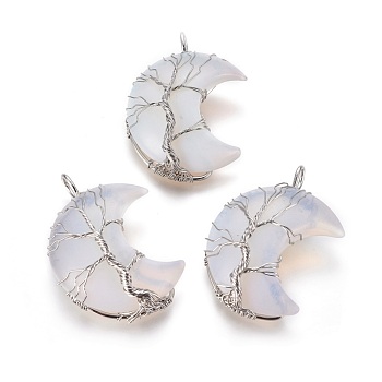 Opalite Tree of Life Wire Wrapped Pendants, with Brass Findings, Crescent Moon, Platinum, 44~46x26~32x12.5mm, Hole: 6.5x4.5mm