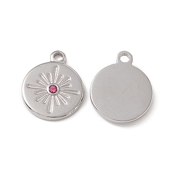 201 Stainless Steel Charms, Rose Rhinestone Flat Round with Star, Stainless Steel Color, 13x10.5x2mm, Hole: 1.2mm