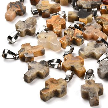 Natural Crazy Agate Pendants, with Stainless Steel Color Plated 201 Stainless Steel Snap on Bails, Cross, 19.5~21x11.5~12.5x4~5mm, Hole: 8x4mm