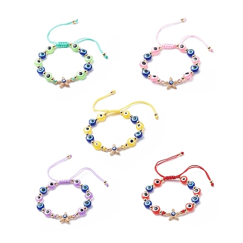 Evil Eye Resin Bead & Starfish Alloy Rhinestone Braided Beaded Bracelets for Girl Women, Adjustable Nylon Threads Cord Bracelet, Golden, Mixed Color, Inner Diameter: 1-7/8~3 inch(4.8~7.6cm)
