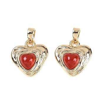 Brass Pave Natural Carnelian(Dyed & Heated) Heart Charms, Real 18K Gold Plated, 14x14x5mm, Hole: 4x2mm