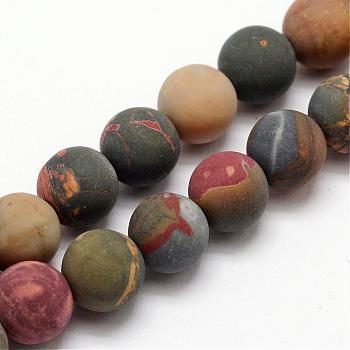 Natural Polychrome Jasper/Picasso Stone/Picasso Jasper Frosted Bead Strands, Round, 6mm, Hole: 1mm, about 64pcs/strand, 15.4 inch