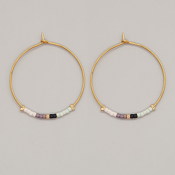 Glass Seed Beaded Hoop Earrings, Boho Beach Earrings, Flamingo, 30x30mm