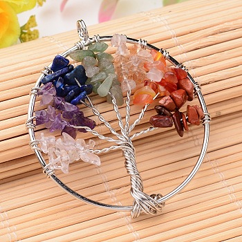 Natural & Synthetic Gemstone Big Pendants, with Platinum Plated Brass Findings, Flat Round with Tree of Life, 53~56x48~51x8mm, Hole: 4mm