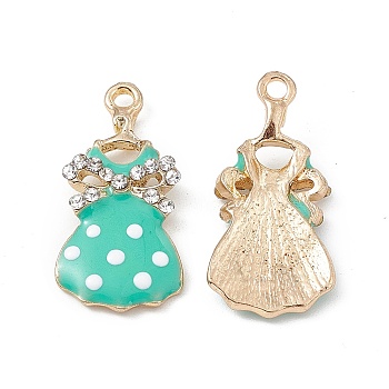 Alloy Rhinestone Pendants, with Enamel, Bowknot Dress with Polka Dots Pattern, Golden, Turquoise, 27x13x3mm, Hole: 2mm