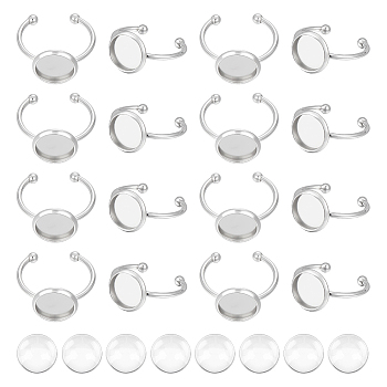 DIY Blank Dome Finger Ring Making Kit, Including 304 Stainless Steel Cuff Finger Rings Components, Glass Cabochons, Stainless Steel Color, Inner Diameter: 18.1mm, 60Pcs/box