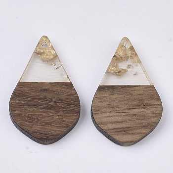 Transparent Resin & Walnut Wood Pendants, with Gold Foil, Waxed, Teardrop, Gold, 28x18x3.5mm, Hole: 1.8mm