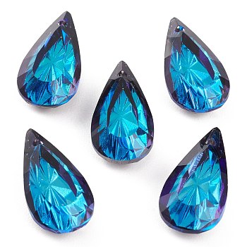 Embossed Glass Rhinestone Pendants, Teardrop, Faceted, Bermuda Blue, 20x10x5.5mm, Hole: 1.5mm