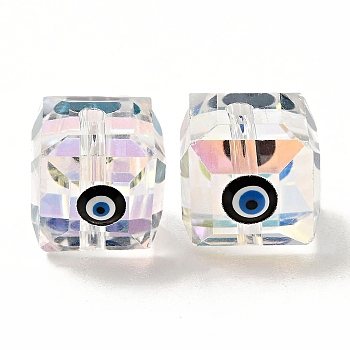 Transparent Glass Beads, with Enamel, Faceted, Cube with Evil Eye Pattern, Black, 10~11x9x10mm, Hole: 1.6mm