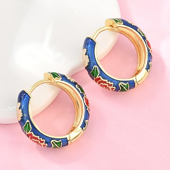 Brass Enamel Hoop Earrings, Flower Pattern, Lead Free & Cadmium Free, Rack Plating, Long-Lasting Plated, Real 18K Gold Plated, Medium Blue, 20x6mm