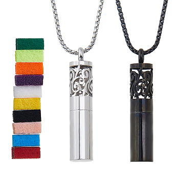 Stainless Steel Perfume Bottle Necklaces, Column Diffuser Pendant Necklaces, with 10Pcs Changeable Perfume Pads, Mixed Color, 21.85~21.89 inch(55.5~55.6cm)
