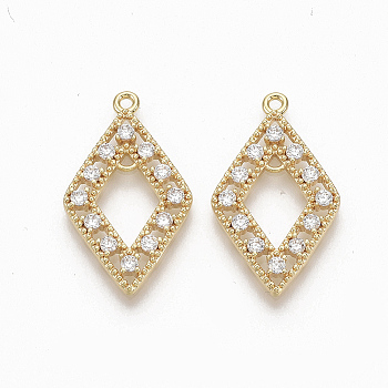 Brass Micro Pave Clear Cubic Zirconia Links, Nickel Free, Rhombus, Real 18K Gold Plated, 23x13x2mm, Hole: 1mm