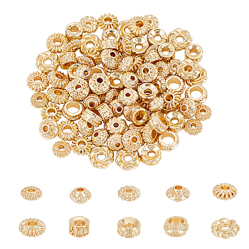 100Pcs 10 Style Rack Plating Alloy Bead, Long-Lasting Plated, Flower & Bicone & Barrel, Real 14K Gold Plated, 5.5~7.5x2~4mm, Hole: 1.2~4mm, 10pcs/style