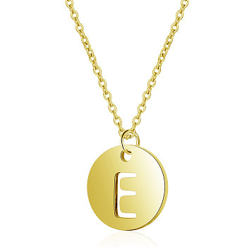 201 Stainless Steel Initial Pendants Necklaces, with Cable Chains, Flat Round with Letter, Golden, Letter.E, 16.3 inch(40cm), 1mm