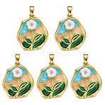 5Pcs Brass Enamel Pendants, with Resin, Flat Round with Flower Charms, Real 18K Gold Plated, Colorful, 21.5x18x6mm, Hole: 4x3mm(KK-SZ0002-58B)