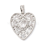 Valentine's Day Brass Pave Clear Cubic Zirconia Pendants, Heart Charms, Platinum, 19x16.5x3mm, Hole: 4.5x2.5mm(CU-H001-01P)