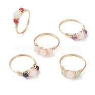 Natural Mixed Gemstone Round Beaded Finger Rings, Light Gold Copper Wire Wrapped Jewelry for Women, Inner Diameter: 20mm(RJEW-JR00571)