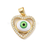 Brass Micro Pave Cubic Zirconia Pendants, with Acrylic, Cadmium Free & Lead Free, Long-Lasting Plated, Heart with Evil Eye, Real 18K Gold Plated, Green, 17.5x17x5mm, Hole: 4x3.5mm(KK-B059-43G-B)