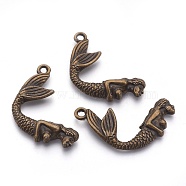 Tibetan Style Alloy Mermaid Pendants, Cadmium Free & Nickel Free & Lead Free, Antique Bronze, 26x33x4mm, Hole: 2.5mm, about 448pcs/1000g(TIBEP-36349-AB-NR)