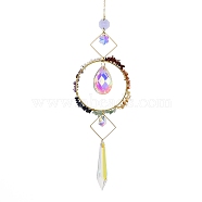 Natural Mixed Stone Chips Hanging Ornaments, Glass Teardrop Hanging Suncatcher, 420mm(G-Z051-01H)