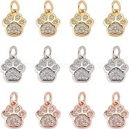 12Pcs 3 Colors Brass Micro Pave Cubic Zirconia Charms, with Jump Ring, Long-Lasting Plated, Footprint, Mixed Color, 10x8.5x2mm, 4pcs/color(ZIRC-FH0001-37)