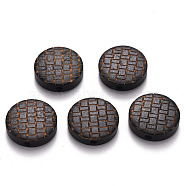 Painted Natural Wood Beads, Laser Engraved Pattern, Flat Round, Black, 15x5mm, Hole: 1.8mm(WOOD-N006-05H)