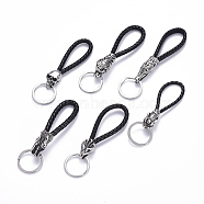 304 Stainless Steel Key Clasps, Split Key Rings, with Black Color Microfiber Leather Cord, Mixed Shapes, Antique Silver & Stainless Steel Color, 80~110mm, Cord Ends: 14.5~37x9.5~18x10.5~20mm, Key Ring: 27.5x2.5mm(KEYC-E032-30)