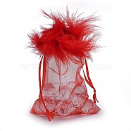 Organza Gift Bags, with Drawstring and Feather, Jewelry Pouches Bags, for Wedding Party Candy Mesh Bags, Rectangle, Red, 15x10.5x0.08cm(OP-F001-C-06)
