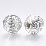 Wood Beads Covered with Polyester Cord Wire, Round, Silver, 16~17x15.5~16mm, Hole: 3~4mm(X-WOVE-S117-16mm-06)