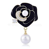 Pearl Camellia Flower Brooch Pin Rhinestone Crystal Brooch Flower Lapel Pin for Birthday Party Anniversary T-shirt Dress Clothing Accessories Jewelry Gift, Black, 47.5x30.5mm(JBR097A)