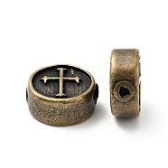 304 Stainless Steel Beads, Flat Round with Cross, Antique Bronze, 10.5x4.5mm, Hole: 1.6mm(STAS-C055-04AB)