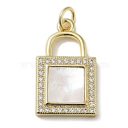 Brass Micro Pave Cubic Zirconia Pendants, with Shell, Lock, Real 18K Gold Plated, 21x12.5x3mm, Hole: 3.4mm(KK-Q808-36G)