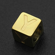201 Stainless Steel European Beads, Large Hole Beads, Horizontal Hole, Cube, Golden, Letter.Y, 7x7x7mm, Hole: 5mm(STAS-N090-LA063-Y)