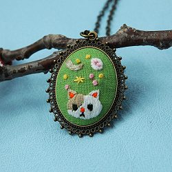 Cute Cat Handmade Pendant Necklace, Embroidery Sets, DIY Cartoon Embroidery Starter Creative Sweater Necklace Gift, Yellow Green, 40x30mm(PW-WG88968-02)