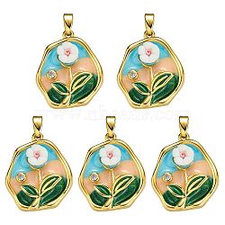 5Pcs Brass Enamel Pendants, with Resin, Flat Round with Flower Charms, Real 18K Gold Plated, Colorful, 21.5x18x6mm, Hole: 4x3mm(KK-SZ0002-58B)
