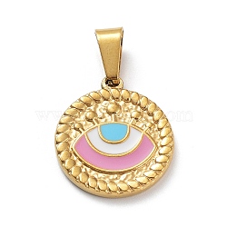 Ion Plating(IP) 304 Stainless Steel Pendants, with Enamel, Golden, Flat Round with Evil Eye Charm, Pearl Pink, 18.5x16.5x2mm, Hole: 7.5x3.5mm(STAS-Q311-01G-07)