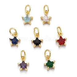 Brass Micro Pave Cubic Zirconia Pendants, Long-Lasting Plated, with Jump Rings, Real 18K Gold Plated, Star, Mixed Color, 8.5x7x4mm, Hole: 3mm(KK-P192-10)