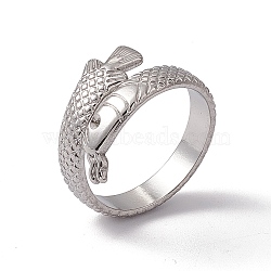 Non-Tarnish 304 Stainless Steel Ring Arowana Fish Wrap Open Cuff Ring for Women, Stainless Steel Color, US Size 7 1/4(17.5mm)(RJEW-C045-21P)