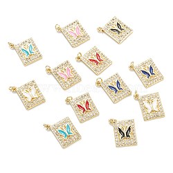 Brass Micro Pave Clear Cubic Zirconia Pendants, with Enamel, Real 18K Gold Plated, Long-Lasting Plated, Rectangle with Butterfly, Mixed Color, 23x19x3.5mm, Hole: 2.4mm(ZIRC-M115-40G)