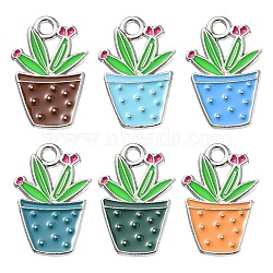 6Pcs 6 Colors Alloy Enamel Pendants, Potted Plant Charm, Mixed Color, 22x14.5x1.5mm, Hole: 2.5mm, 1pc/color(ENAM-YW0002-53)